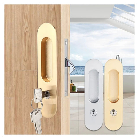 Rock Solid Zinc Alloy Keyed Sliding Barn Door Lock Handle For Wood Double Doors Heavy Duty Hardware on a wooden door with keys.