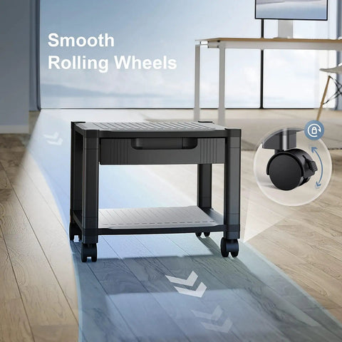 Printer Stand With Space Saving Cable Management And Storage Drawer, Rolling Printer Cart With Locking Wheels in office setting