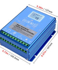 3000W MPPT Wind And Solar Hybrid Charge Controller For 12V Battery System Dump Load Ready Wind Turbine Generator Large LCD Display Smart Load Modes Real Time Voltage And Current Monitoring, blue device with dimensions labeled