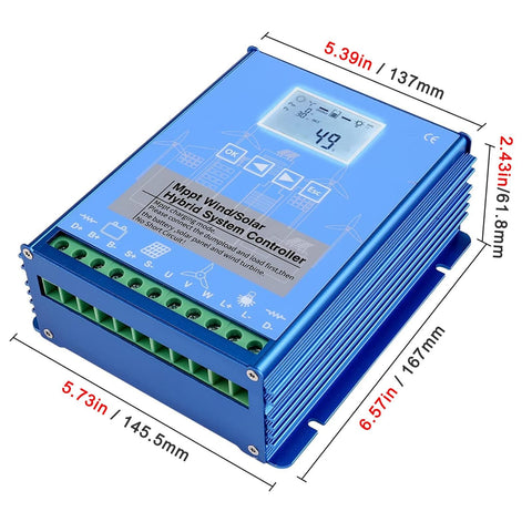 3000W MPPT Wind And Solar Hybrid Charge Controller For 12V Battery System Dump Load Ready Wind Turbine Generator Large LCD Display Smart Load Modes Real Time Voltage And Current Monitoring, blue device with dimensions labeled