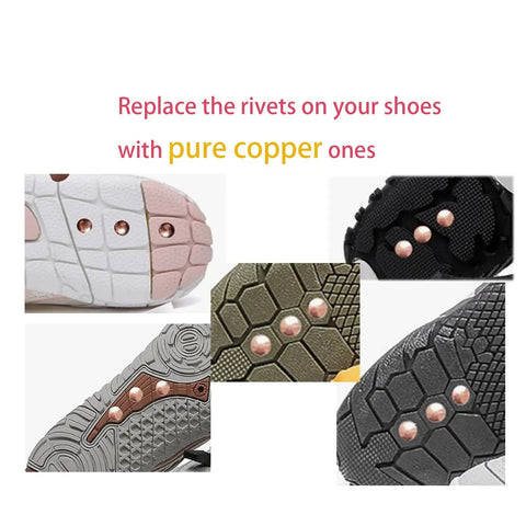 Level Up Your Daily Kicks With Solid Grounding Insoles Boasting Heel Contact Conductive Fabric Plus Six Pure Copper Rivets To Hassle Free Convert Standard Shoes Into Grounded Footwear For Reliable Support Size 41 To 43 showing different shoe soles with copper rivets.