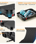 Vibration Plate Exercise Machine For Lymphatic Drainage And Weight Loss showing 200W motors, shock-absorbing design, and resistance band attachment