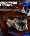 Top Shelf Engine Water Pump For Ram 1500 And Jeep Wagoneer 5.7L Mild Hybrid Ev Gas close-up of durable water pump with gasket on leather background.