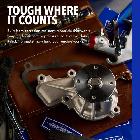 Top Shelf Engine Water Pump For Ram 1500 And Jeep Wagoneer 5.7L Mild Hybrid Ev Gas close-up of durable water pump with gasket on leather background.