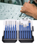 12 Piece Chisel And Punch Set For Engraving And Metalworking With Conical, Cylindrical, Flat And Center Chisels In Blue Handles