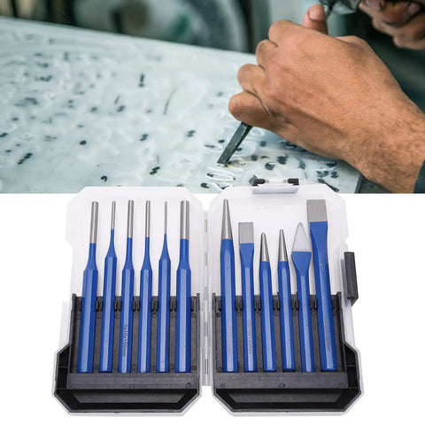 Heavy Duty 12 Piece Chisel Punch Kit With Blue Handles And Conical Flat Cylindrical Tips For Engraving Carving Metalworking Stamping Jobs Done Right in case