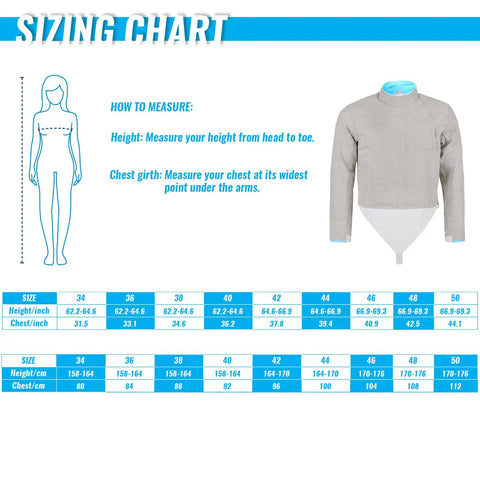 Beginner Friendly Electric Sabre Jacket For Women Fencing Vest With Inox Lame sizing chart and measurement guide.