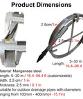 Product dimensions of the Heavy Duty Flat Steel Snake Tool And Rugged Manganese Steel Drain Auger, showcasing size and material.