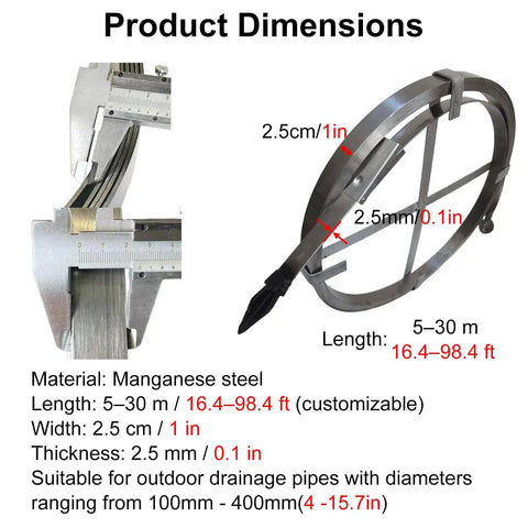 Product dimensions of the Heavy Duty Flat Steel Snake Tool And Rugged Manganese Steel Drain Auger, showcasing size and material.