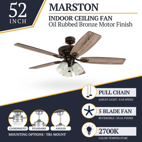 52 Inch Rustic Indoor LED Ceiling Fan With Light Kit, Dope Oil Rubbed Bronze Finish, with barn wood blades and pull chain.
