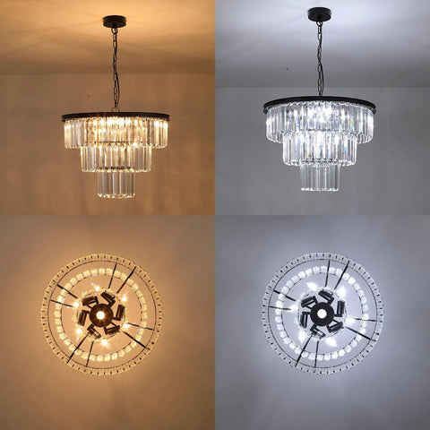 Black Crystal Chandelier 3 Tier Pendant Light Modern Round Ceiling Lamp With Six Lights Hanging Fixture glowing