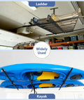 Double Ceiling Storage Rack For Kayaks Ladders Surfboards And More Adjustable From Ten To Eighteen Inches With A Thirty Inch Bar Holds Up To Two Hundred Pounds Overhead Hanger For Garage Or Workshop showing ladder and kayak storage.