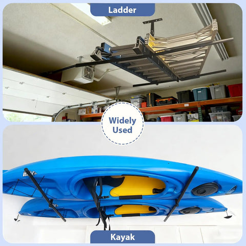 Double Ceiling Storage Rack For Kayaks Ladders Surfboards And More Adjustable From Ten To Eighteen Inches With A Thirty Inch Bar Holds Up To Two Hundred Pounds Overhead Hanger For Garage Or Workshop showing ladder and kayak storage.
