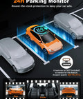 Car in parking lot with 24H Parking Monitor graphic, illustrating 4K Front Dash Cam With Inside Cabin And Rear View For Your Ride.