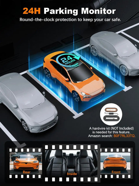 Car in parking lot with 24H Parking Monitor graphic, illustrating 4K Front Dash Cam With Inside Cabin And Rear View For Your Ride.