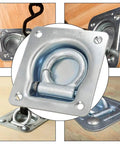 Rock Solid Recessed D Ring Tie Down Anchors Flush Mount Square Cargo Lockdown Kit 4 Pack Heavy Duty Steel Load Holders For Motorcycles showing steel D-ring mount close-up.