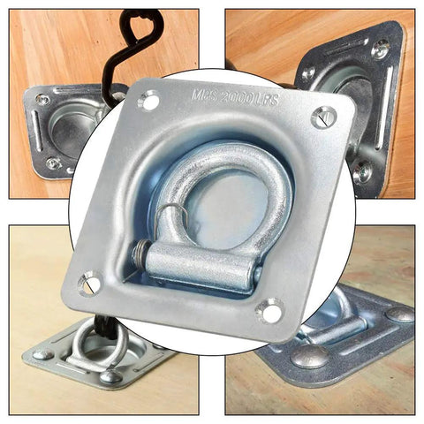 Rock Solid Recessed D Ring Tie Down Anchors Flush Mount Square Cargo Lockdown Kit 4 Pack Heavy Duty Steel Load Holders For Motorcycles showing steel D-ring mount close-up.