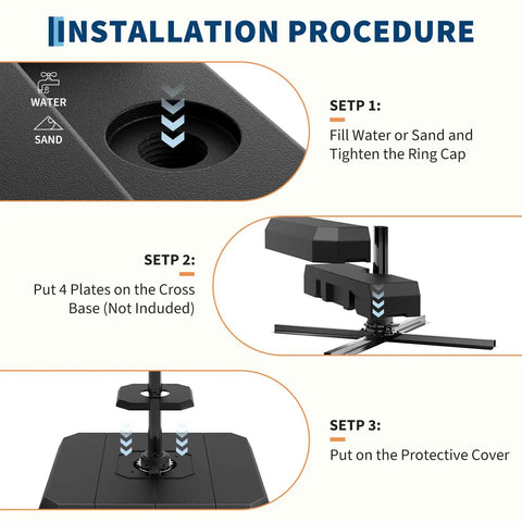 Installation procedure for Heavy Duty 4 Piece Patio Umbrella Base For 10 To 15 Foot Cantilever Umbrellas 330 Lb Capacity Built To Last Fill With Water Or Sand Wind Resistant Outdoor Stand For Patio Deck Poolside