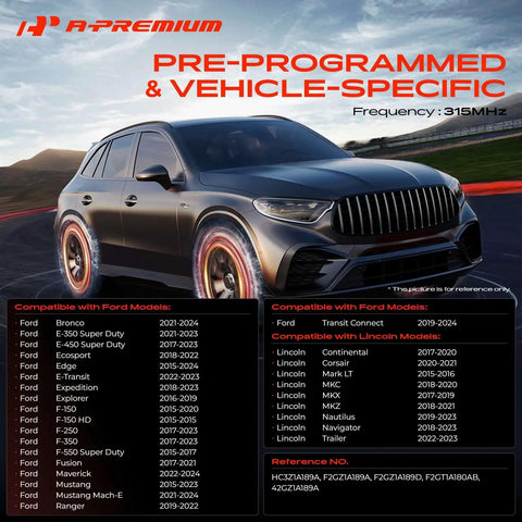 315MHz Pre-Programmed TPMS Sensor For Ford Vehicles 2015-2024 Direct Replacement Tire Pressure Monitoring Sensor With Easy Install Fits Bronco F-150 Expedition Explorer Edge EcoSport And More, Ford SUV reference chart