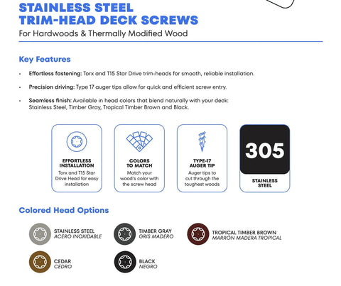 Dang Tough 305 Stainless Steel Cedar Decking Screws Featuring T15 Star Drive Trim Head For Slick Outdoor Builds And Zero Rust Hassle Pack Of One Hundred Pieces specifications and color options.