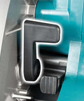 Close-up of the safety latch on the Rock Solid Heavy Duty Cordless Circular Saw Featuring 40V Power Platform.