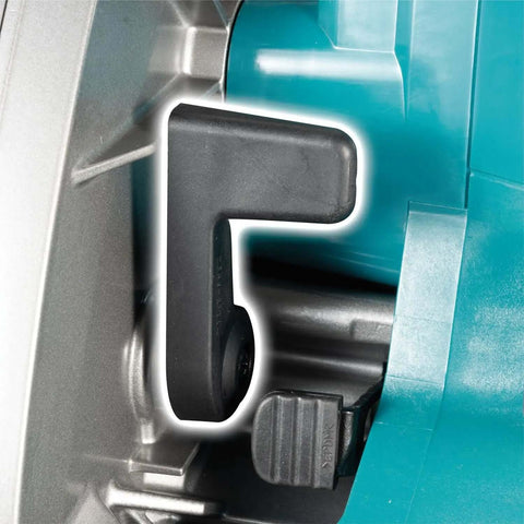 Close-up of the safety latch on the Rock Solid Heavy Duty Cordless Circular Saw Featuring 40V Power Platform.