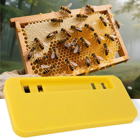 Beekeeping Honey Uncapping Tank Holder For Easy Harvesting And Frame Scraper with bees on honey frame and yellow holder