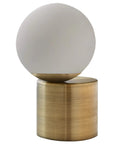 Modern Glass Globe Table Lamp With LED Bulb, Brass Finish, Off Center Milky White Glass Sphere, 7 Inch Diameter, 10 Inch Height
