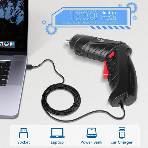 Go To 3.6V Cordless Screwdriver Set With Quick Grip Mini Power Drill charging via laptop, showing 1300mAh battery and power cord.