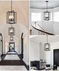 Straight Up Matte Black 3 Light Farmhouse Chandelier With Adjustable Height And Solid Metal Cage Build hanging in a bright hallway.