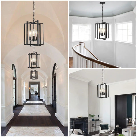 Straight Up Matte Black 3 Light Farmhouse Chandelier With Adjustable Height And Solid Metal Cage Build hanging in a bright hallway.