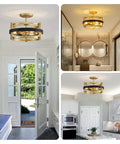 Modern gold and black ceiling lights in various room settings including entryway, bathroom, and kitchen.