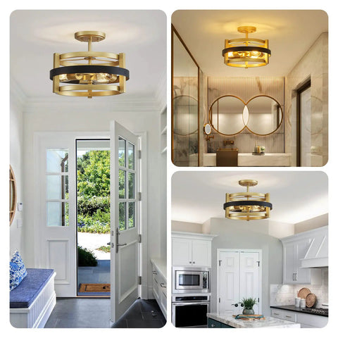 Modern gold and black ceiling lights in various room settings including entryway, bathroom, and kitchen.