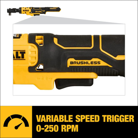 Heavy Duty Brushless Cordless Ratchet 1/2 Inch Drive 20V Max Tool With Smooth Shifting Action And Built In Led Work Light Tough Glass Nylon Build No Sweat Wrenching For Mechanics And Weekend Warriors Bare Tool showing variable speed trigger 0-250 RPM.