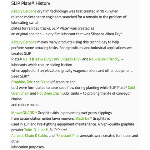 SLIP Plate history text describing Asbury Carbons' creation of dry film technology for lubricating switch plates and agricultural uses.