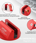 LIFSHP red aluminum grooved magnetic jack pad with threaded magnets for vehicles.