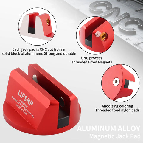 LIFSHP red aluminum grooved magnetic jack pad with threaded magnets for vehicles.