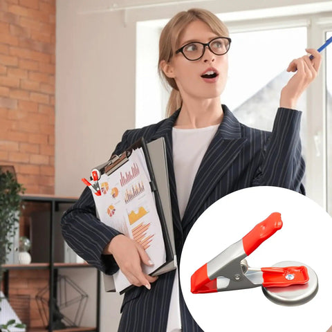 Magnetic Clip Holder For Kitchen And Office Heavy Duty Metal Clip With Strong Magnetic Base No Drill Mount Perfect For Hanging Papers Photos And Notes In Busy Homes And Workspaces. Woman holding documents.