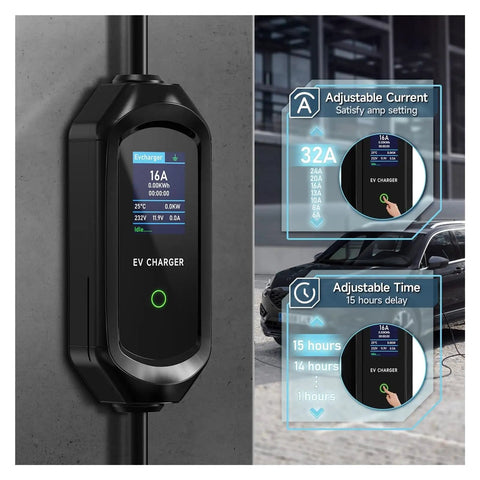 Road Trip Ready Portable EV Charger Type 2 Gt B 7kW 32A one phase with adjustable settings and digital display.