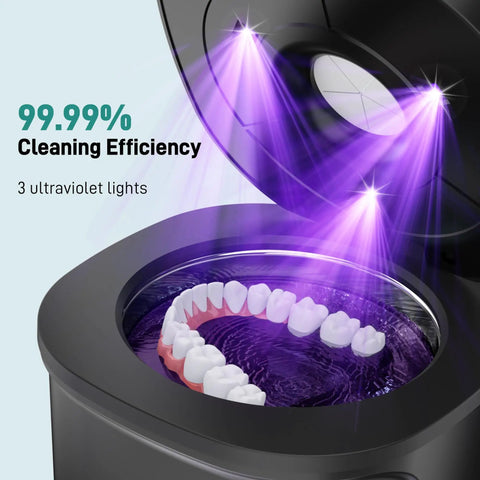 Ultrasonic Retainer Cleaner With UV Lights 45kHz Deep Cleaning Pod For Dentures Aligners Night Guards Retainers Toothbrush Heads Jewelry And More 360 Degree Cleaning Odor Removal Black showing 3 UV lights and dental appliance inside.