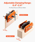 Knockout Self Centering Dowel Drill Jig Kit For Woodworking With Adjustable Width Clamps And Precision Guide Bushings crafted from heavy duty aluminum, showing adjustable clamping range 0.4 to 2.4 inches.