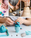 Various clay crafting activities using Twenty Piece Circle Clay Cutter Set With Stainless Steel Ring Molds for ceramic and polymer clay.