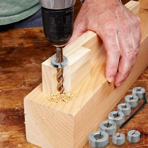 Drilling wood with Drill Bit Depth Stop Collar Pro Grade Kit Built Tough with Eight Sizes and carbon steel limit rings
