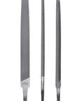 Three Piece General Purpose File Set With Six Inch Slim Taper File, Six Inch Round File, And Six Inch Mill Bastard File For Home And Professional Use Today, displayed vertically.