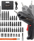 Easy Grip Cordless Electric Screwdriver With Bright Led Work Light And Rapid Usb Charging Solid Rechargeable Power Drill Kit With 47 Bits setup including driver, bits, and case.