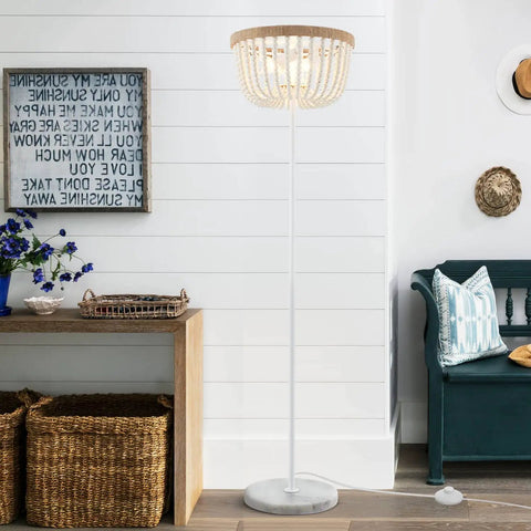 Boho Floor Lamp With White Wood Beaded Shade For Bedroom Living Room And Girl Room Three Light Bulb Fixture Cozy Warm Glow Durable Rustic Modern Decor