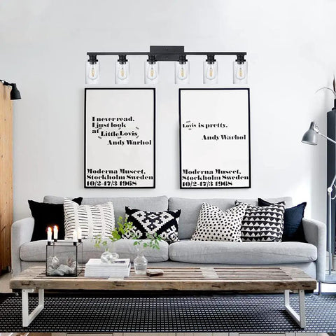Living room with 4 Light Vintage Bath Vanity Light In Matte Black Finish With Seeded Glass Shade Farmhouse Industrial Wall Sconce