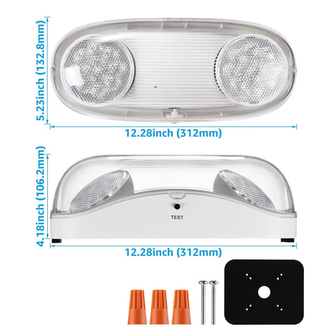 LED Emergency Light With Battery Backup, Wet Location Ready, 2 Adjustable Heads, UL Listed, 12.28in width, white finish