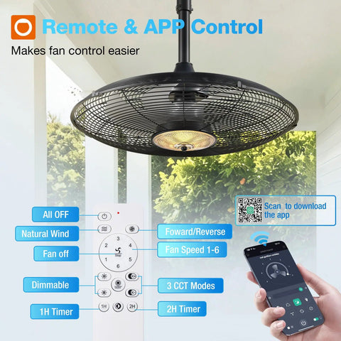 Outdoor Ceiling Fan With Light For Patios And Pergolas 24 Inch Black IP65 Waterproof Gazebo Fan With Remote And App Control