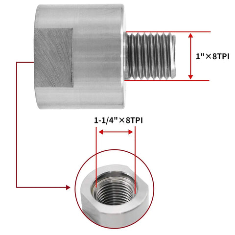 Top Shelf Woodworking Lathe Headstock Spindle Adapter Converts One And One Quarter In X Eight Tpi To One In X Eight Tpi, showing threaded ends.